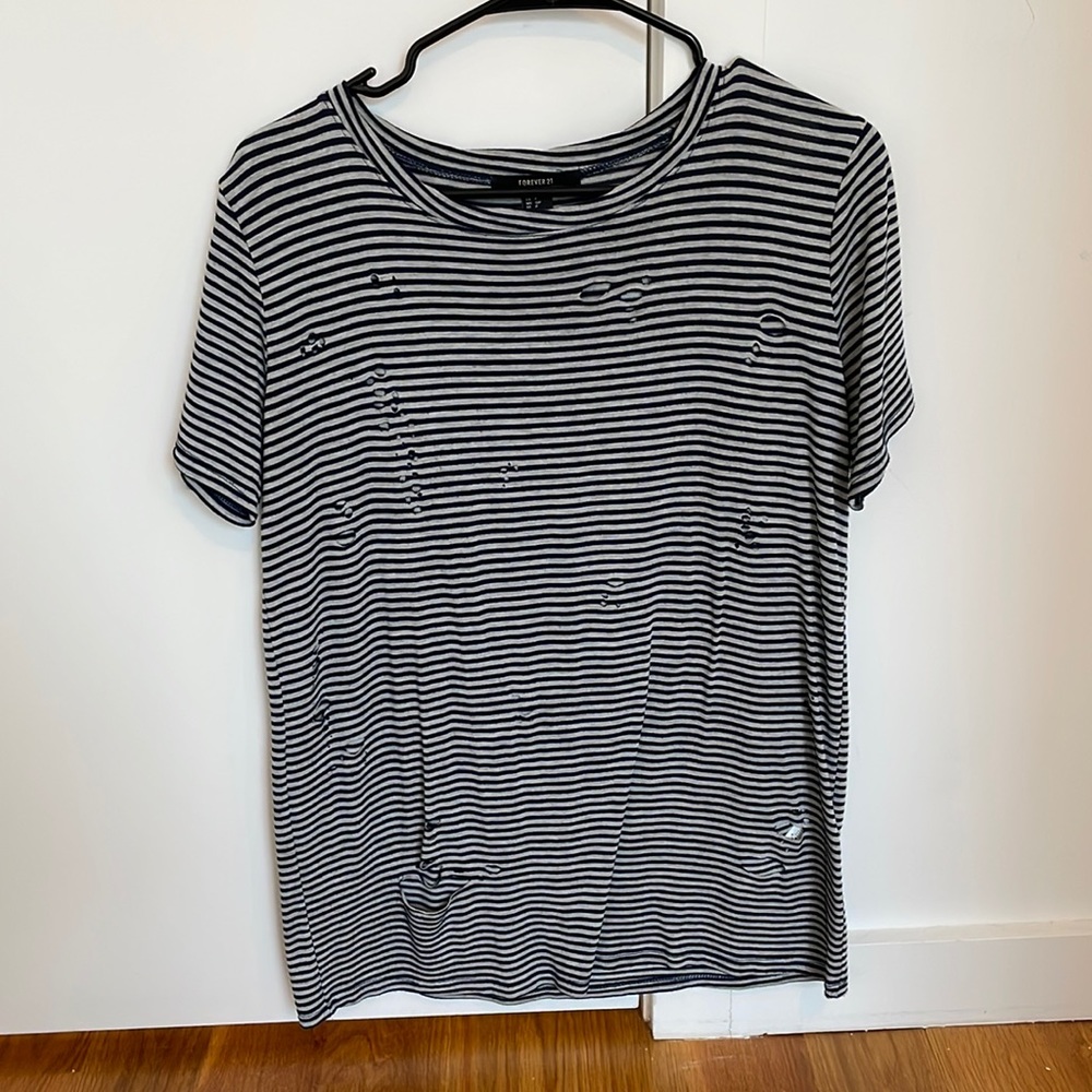 Distressed Black & White Striped Women’s Tee